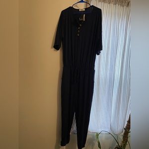 Zenana navy blue, full length jumpsuit with tie waist and 1/2 sleeves